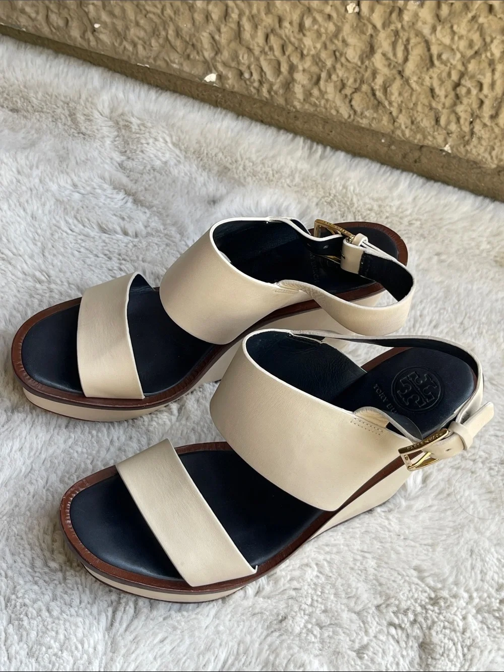 Tory Burch Wedge Leather Double-Band Slingback Sandals with Gold Buckle Size 7